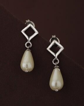 dangling pearl contemporary rhodium plated drop earrings - fje2799