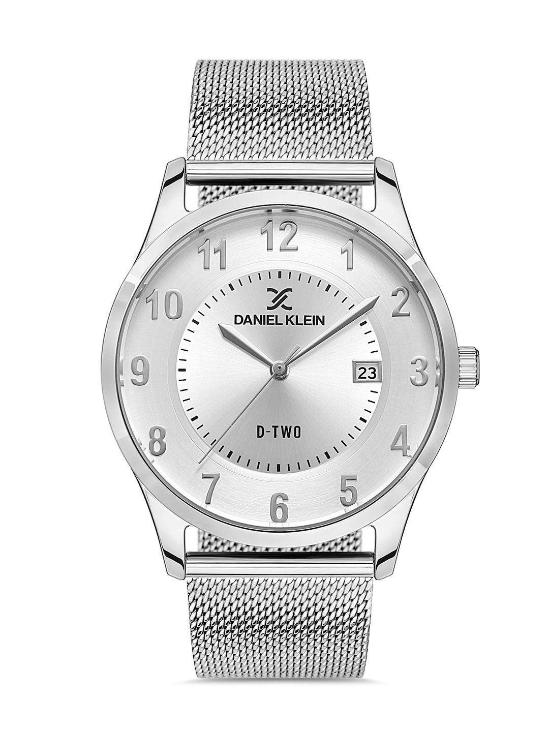 daniel klein d-two men silver-toned dial & strap analogue watch dk.1.13309-1_or