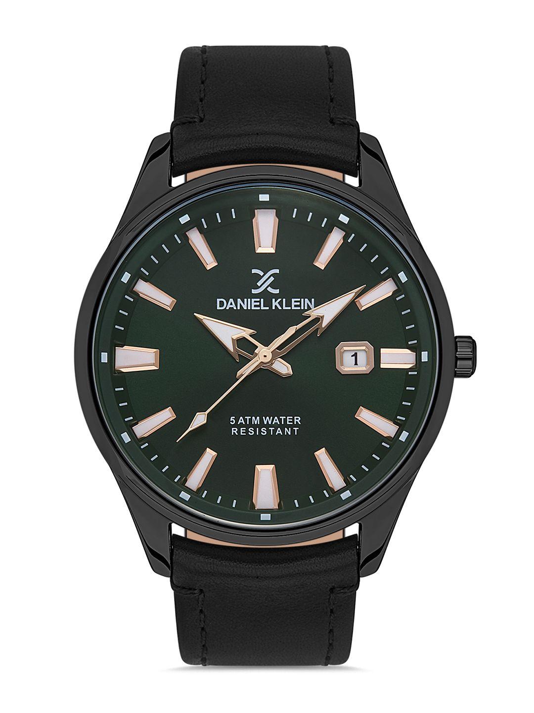 daniel klein green dial & black leather straps analogue watch dk 1 13272-5_or