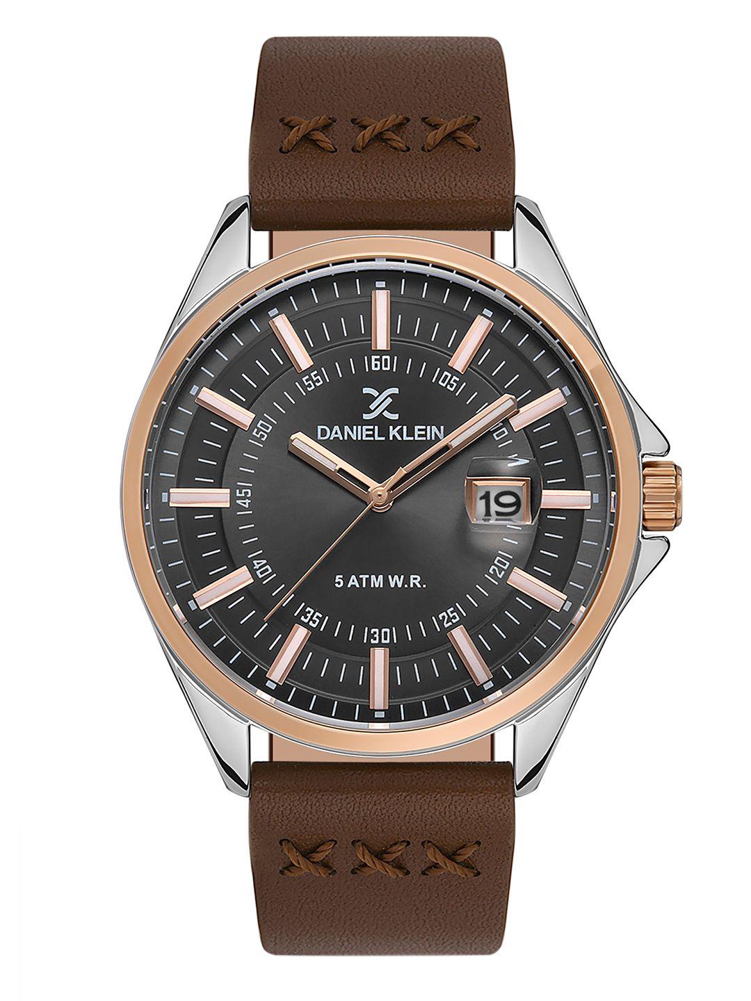 daniel klein men gunmetal-toned dial & brown leather straps analogue watch dk 1 13279-3_or