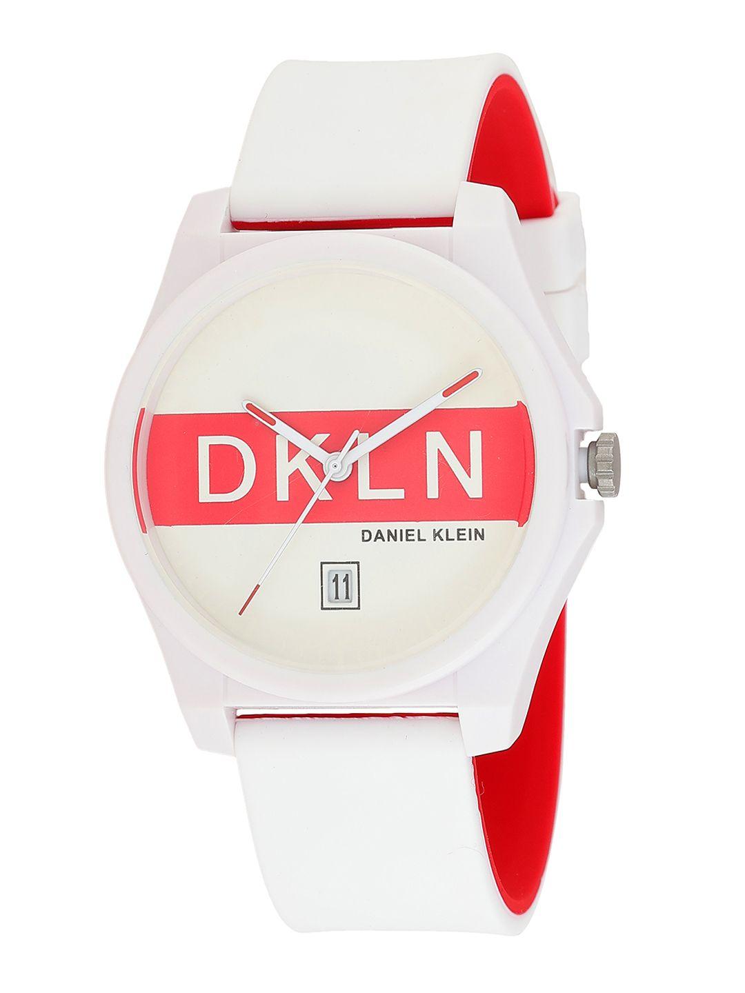 daniel klein men multicoloured printed dial & white straps analogue watch dk 1 12278-4