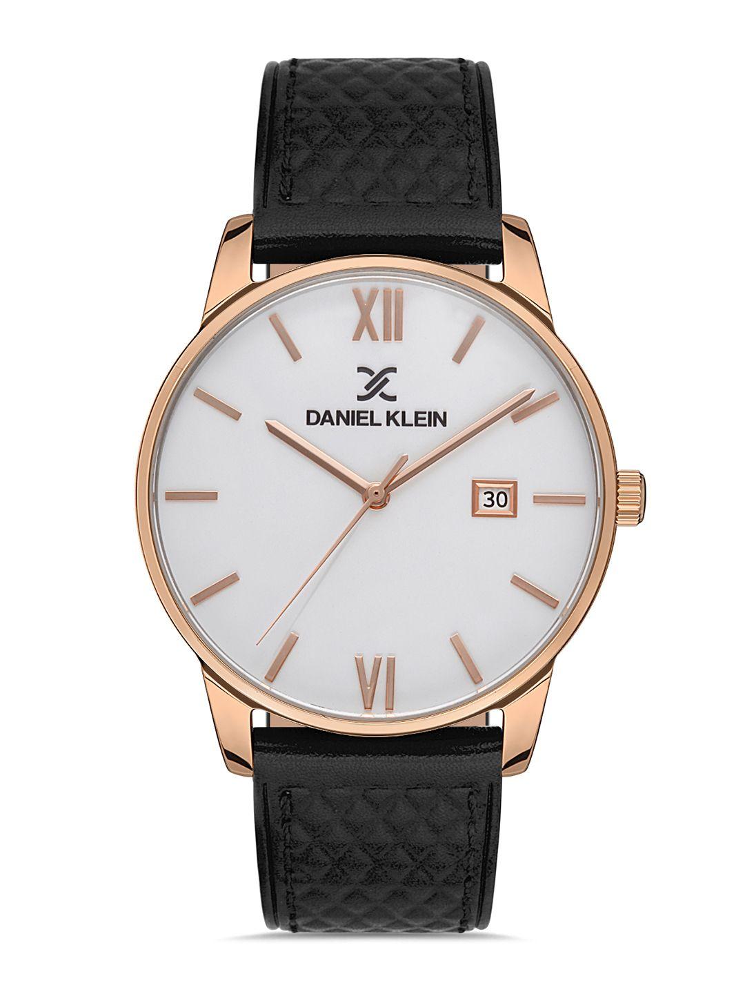 daniel klein men white dial & black leather textured straps analogue watch dk.1.13271-3_or