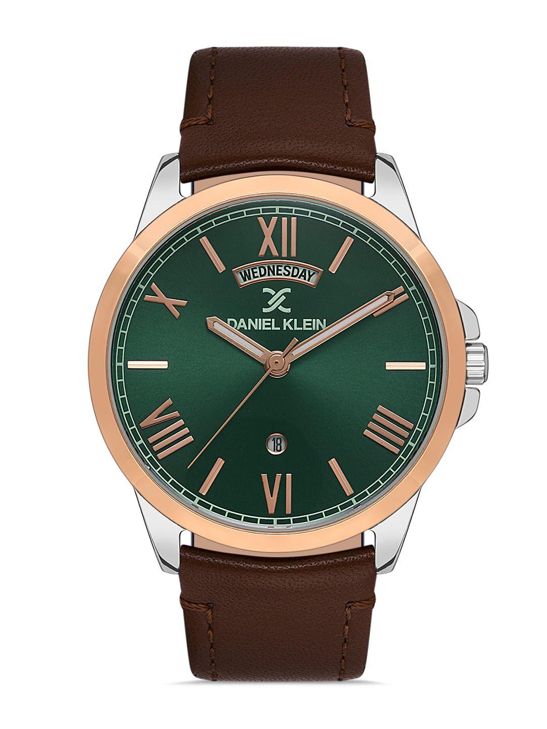 daniel klein unisex green dial & brown leather straps analogue watch