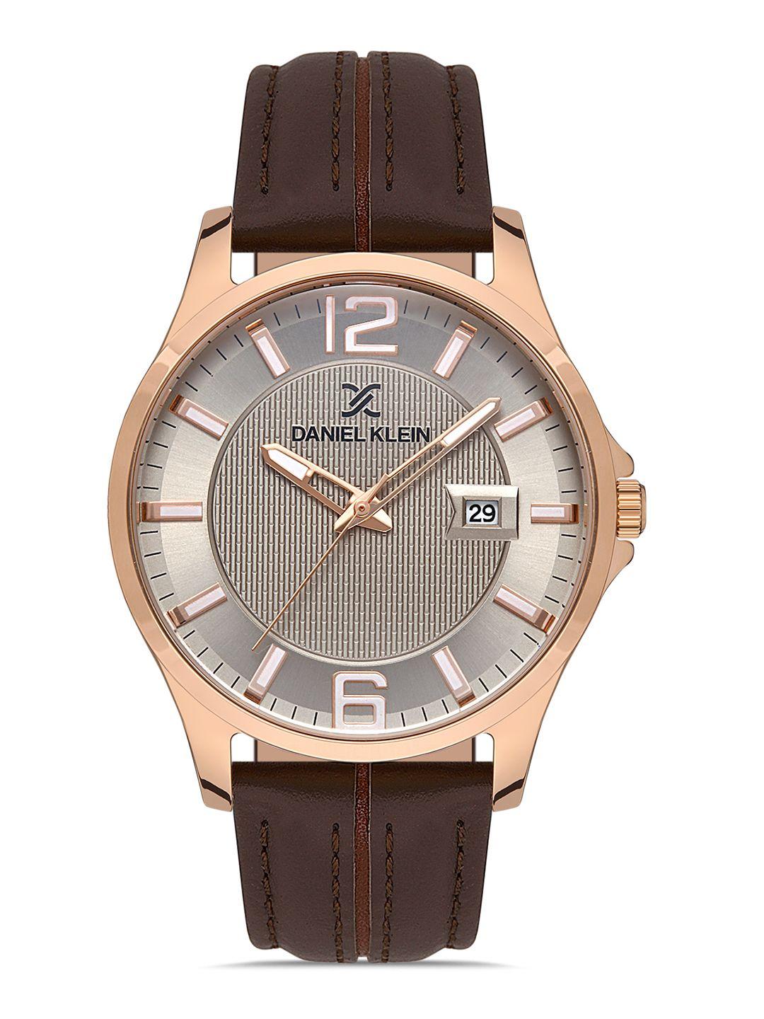 daniel klein unisex grey patterned dial & brown leather textured straps analogue watch dk 1 13297-4_or