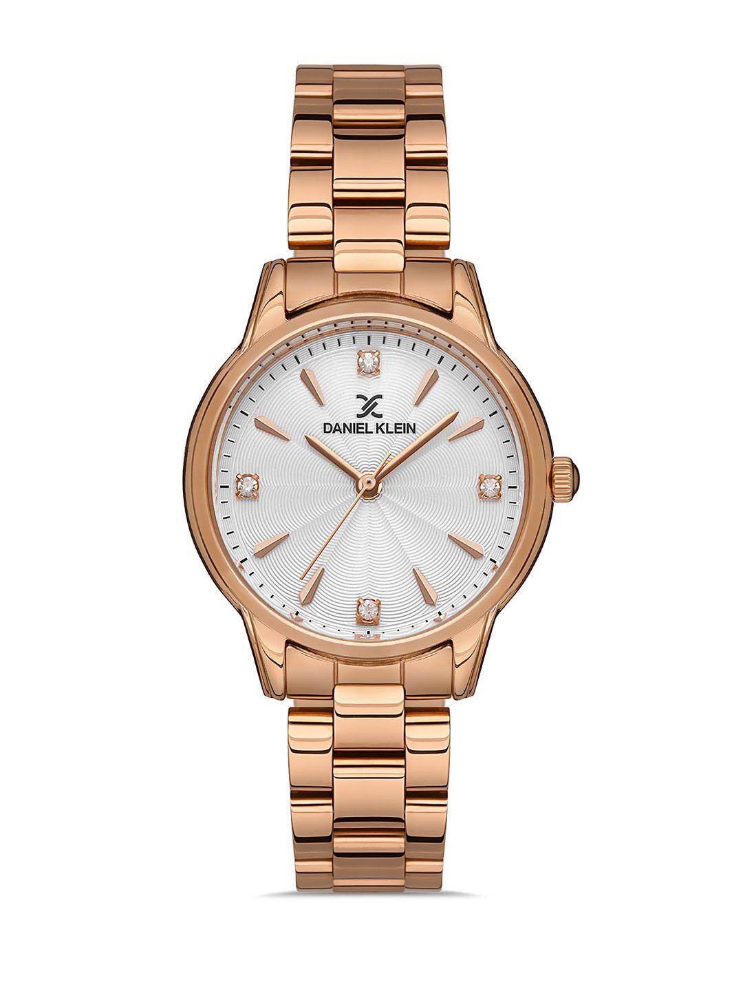 daniel klein unisex silver-toned embellished dial & rose gold toned bracelet style straps analogue watch