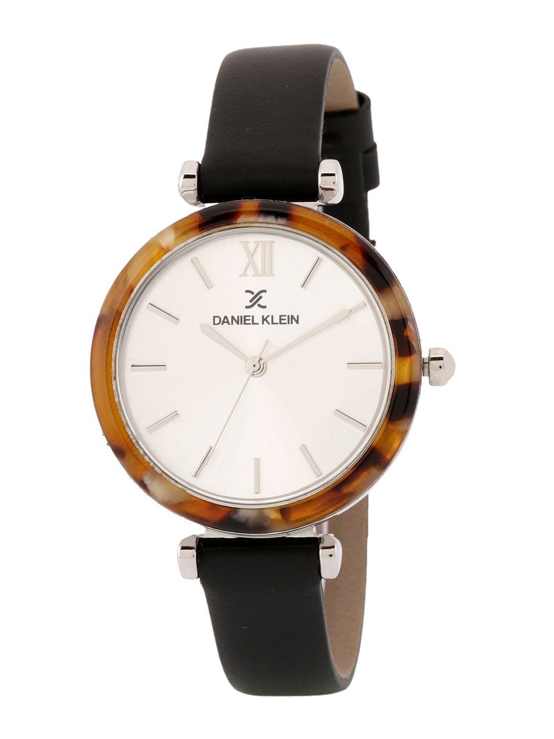 daniel klein women beige dial & black leather straps analogue watch dk.1.12544-1-re