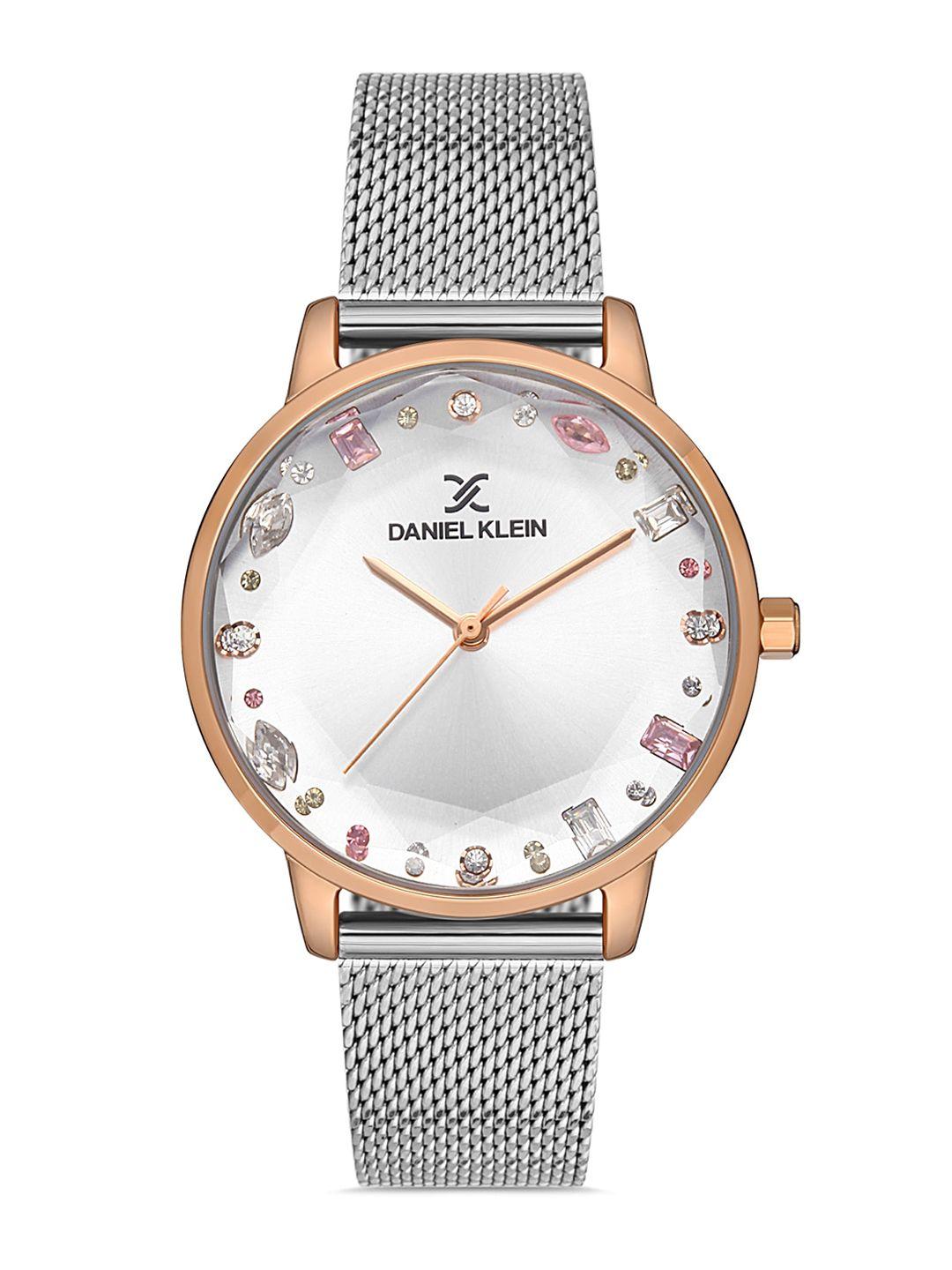 daniel klein women pink stone dial & silver toned bracelet style straps analogue watch