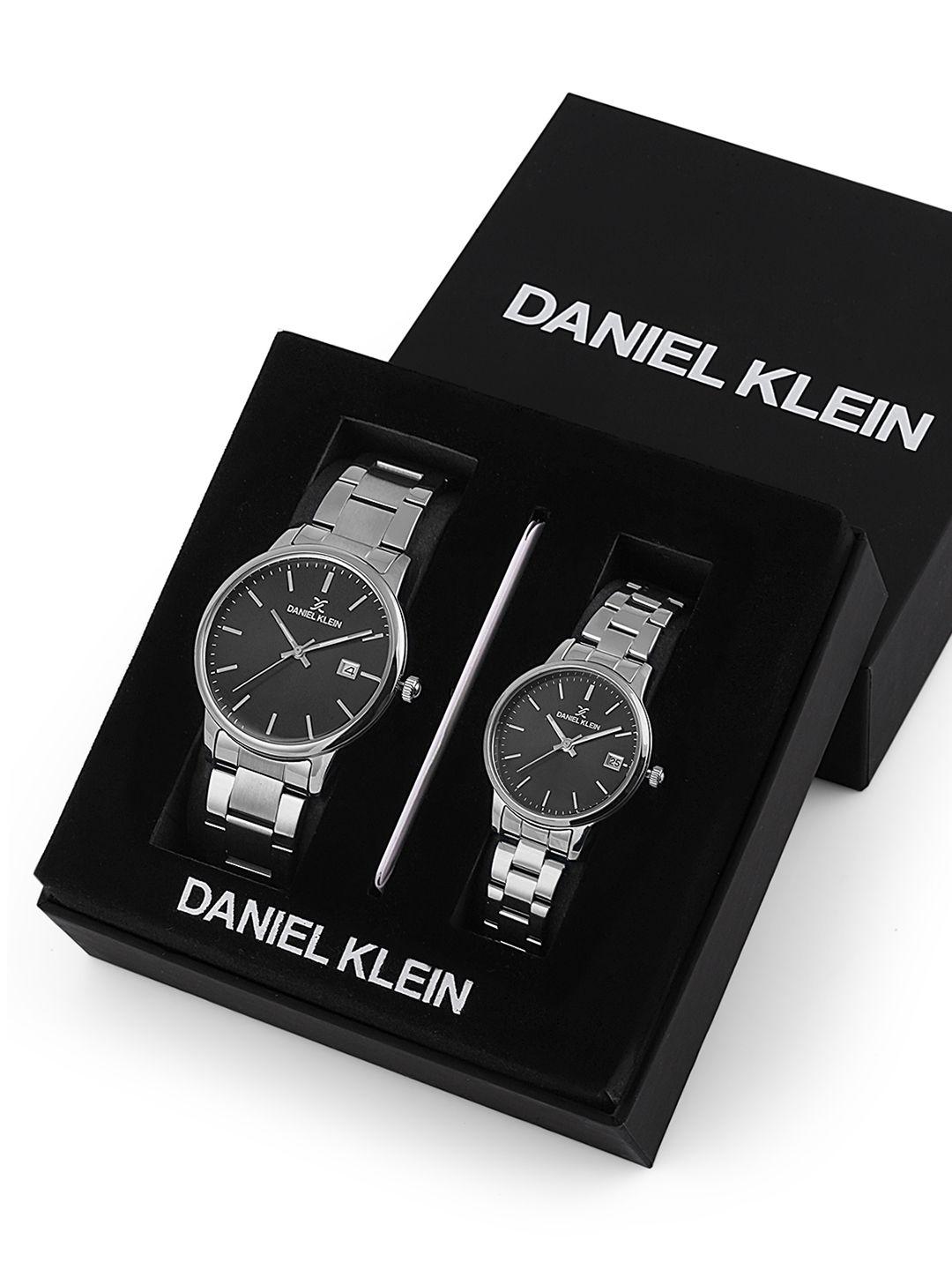 daniel klein black dial & silver toned strap his & her analogue watch dk.1.13298-2_or