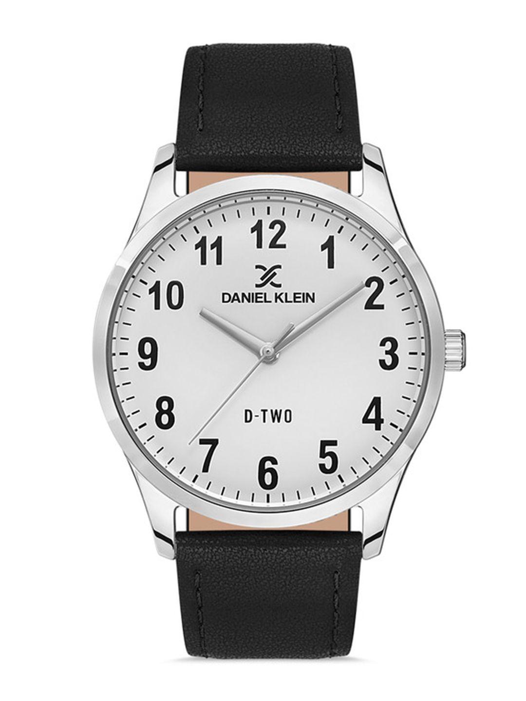 daniel klein d-two men white dial & black leather straps analogue watch- dk.1.13310-1