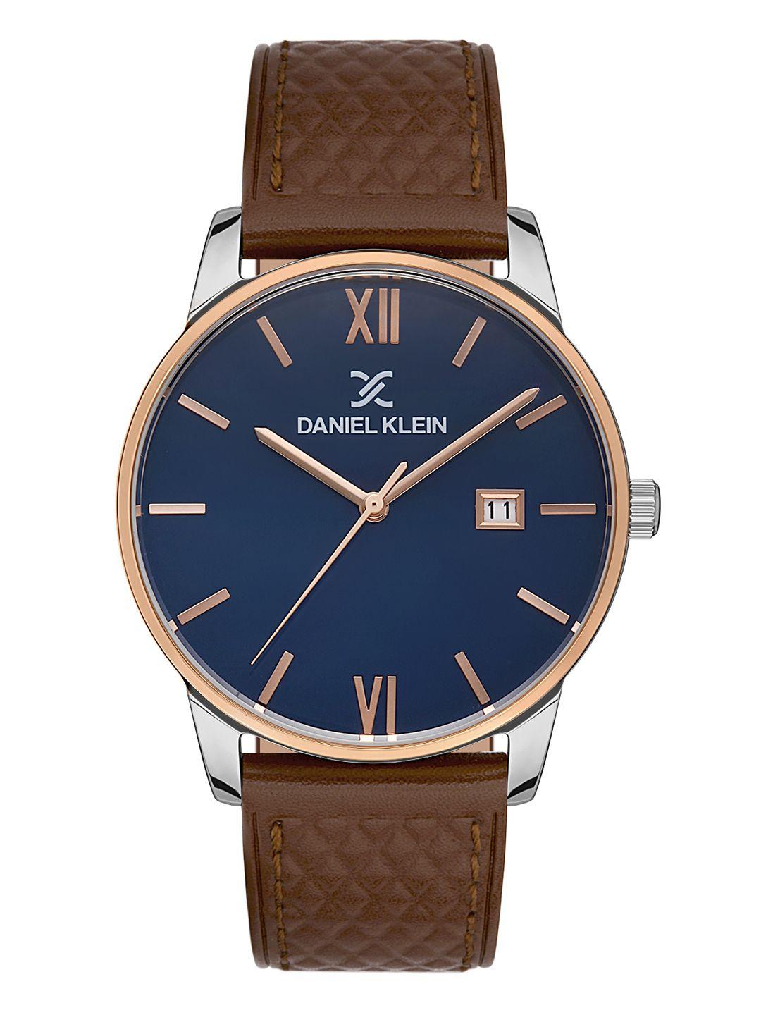 daniel klein men blue dial & brown leather straps analogue watch dk 1 13271-5_or