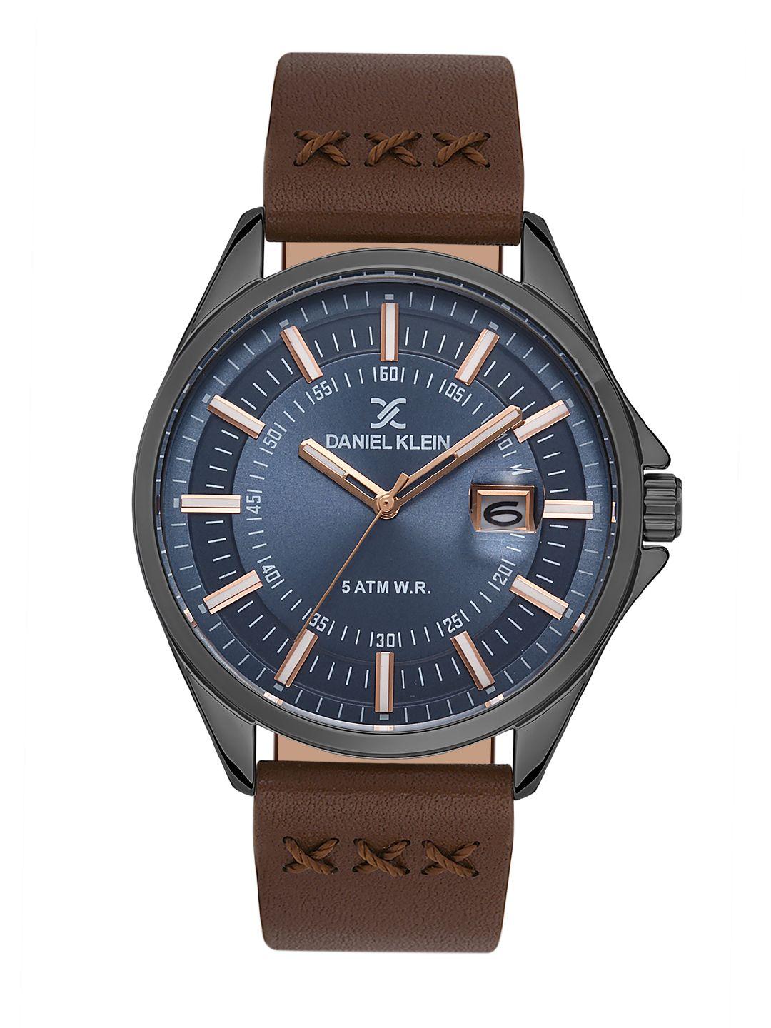 daniel klein men blue dial & brown leather straps analogue watch dk.1.13279-5