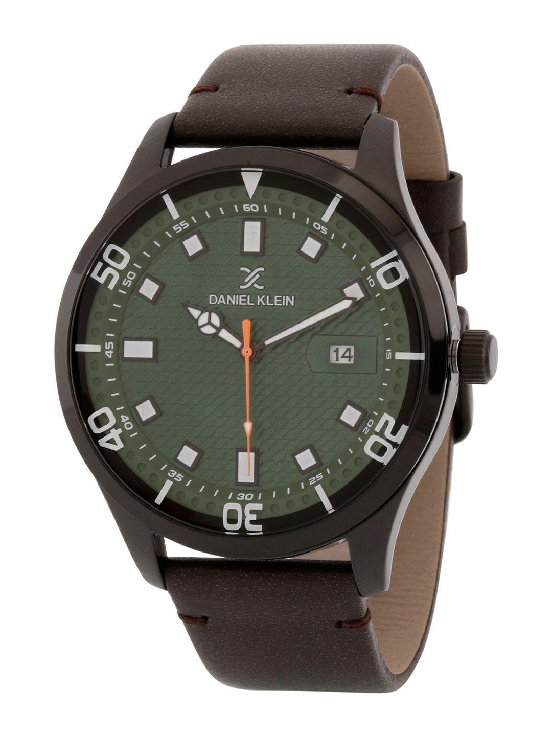 daniel klein men green dial & brown leather straps analogue watch dk 1 12611-5