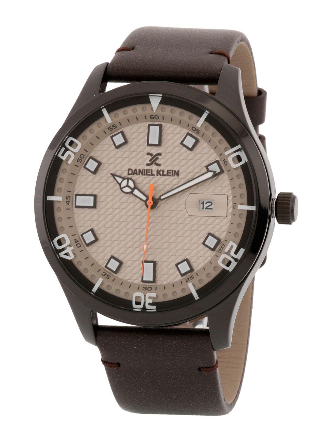 daniel klein men grey dial & brown leather straps analogue watch dk 1 12611-3