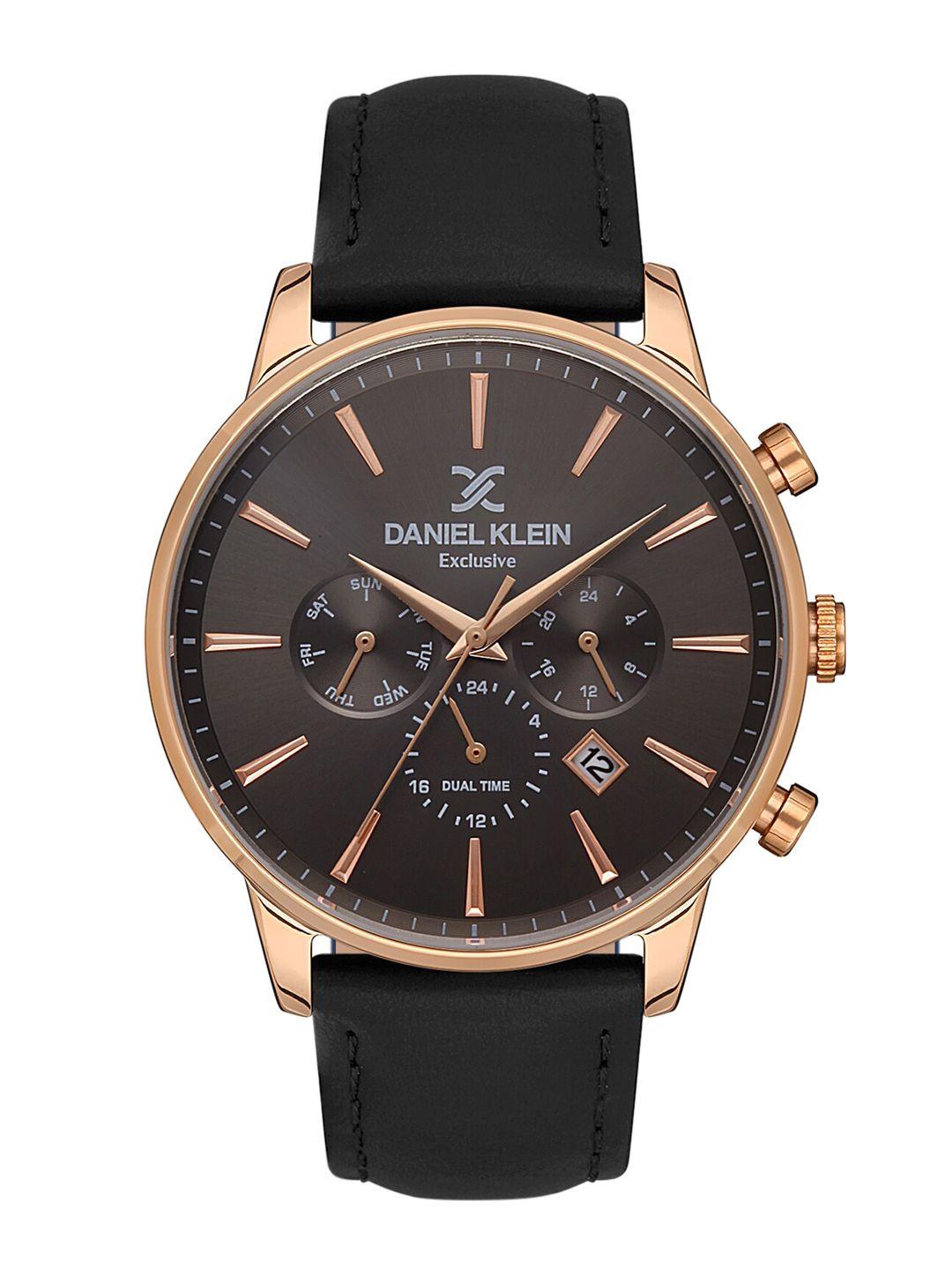 daniel klein men pink dial & black leather straps analogue watch