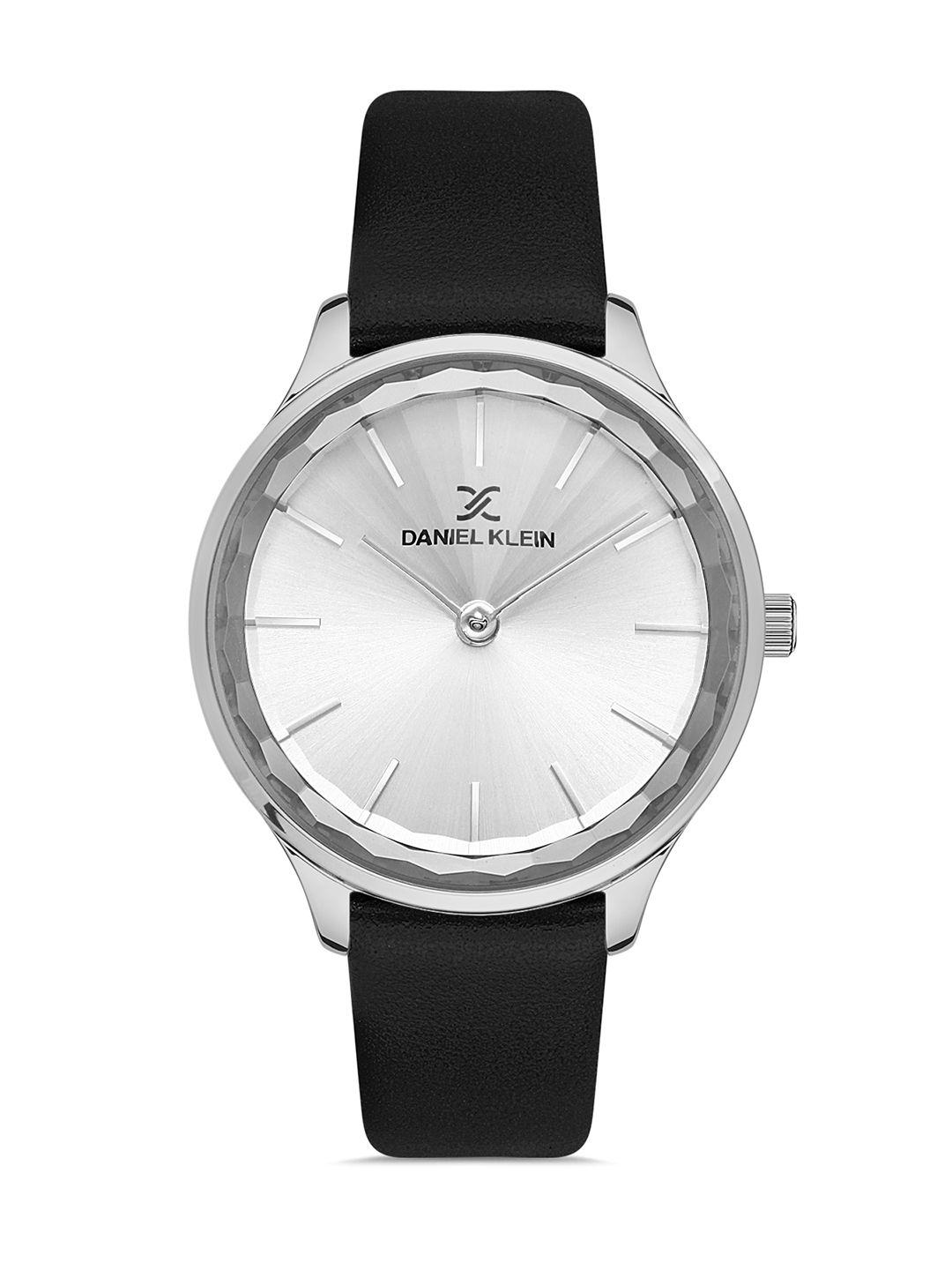 daniel klein silver-toned dial & black leather straps analogue watch