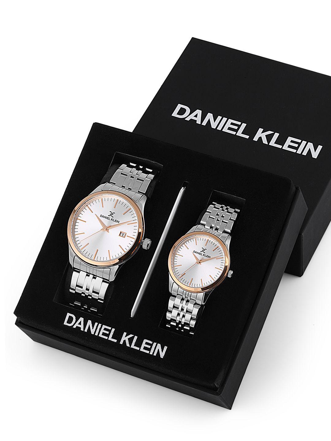 daniel klein silver-toned dial & strap his & her analogue watch dk.1.13299-4