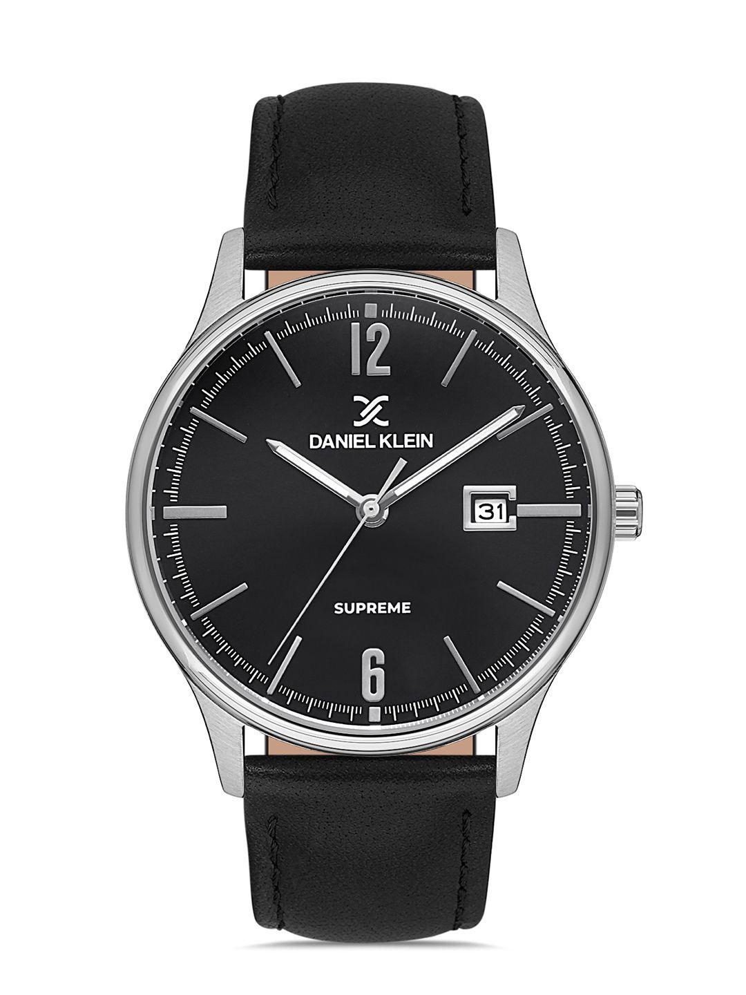 daniel klein unisex black dial & black leather straps analogue watch