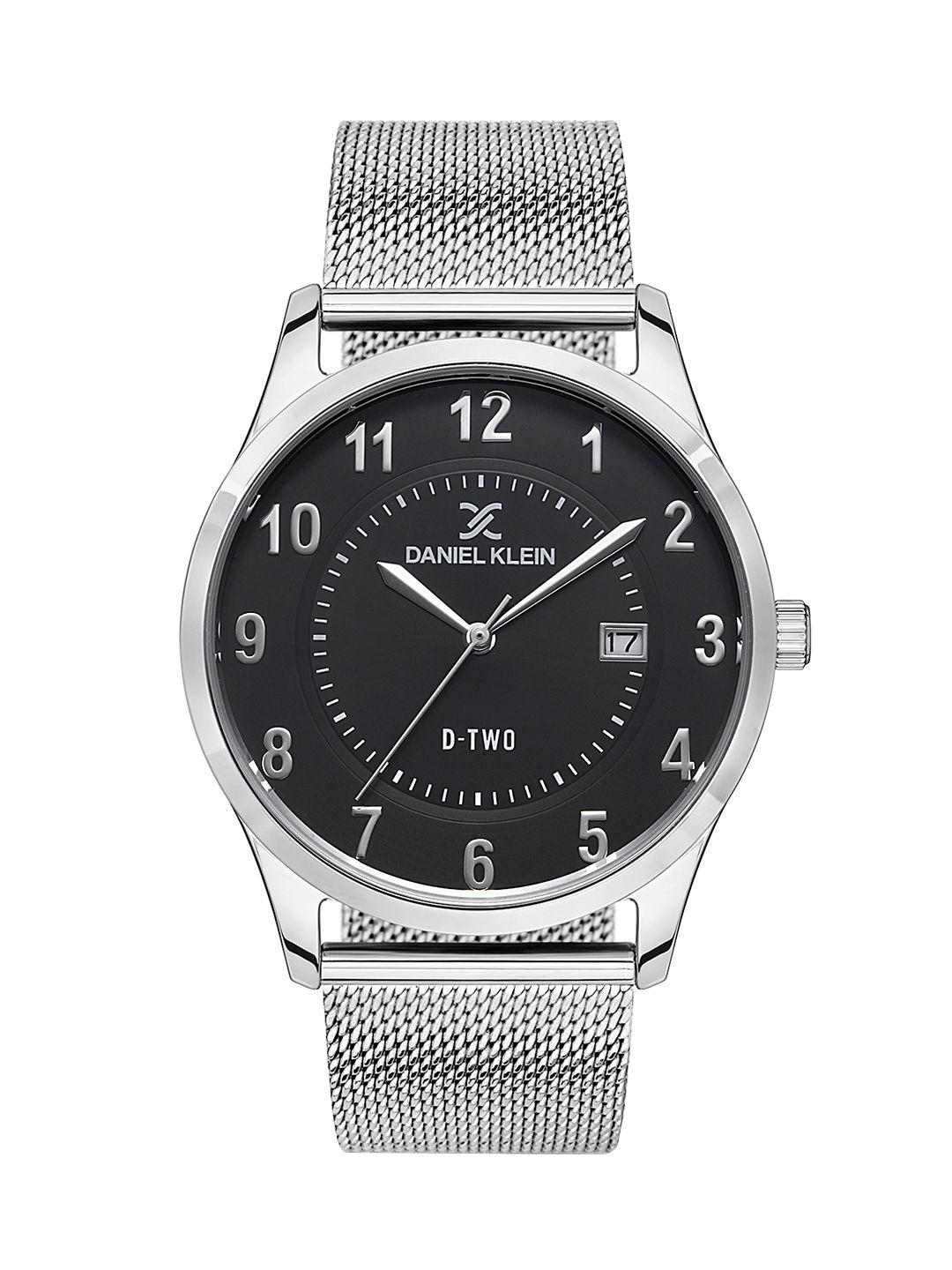 daniel klein unisex black dial & silver toned bracelet style straps analogue watch dk 1 13309-3_or