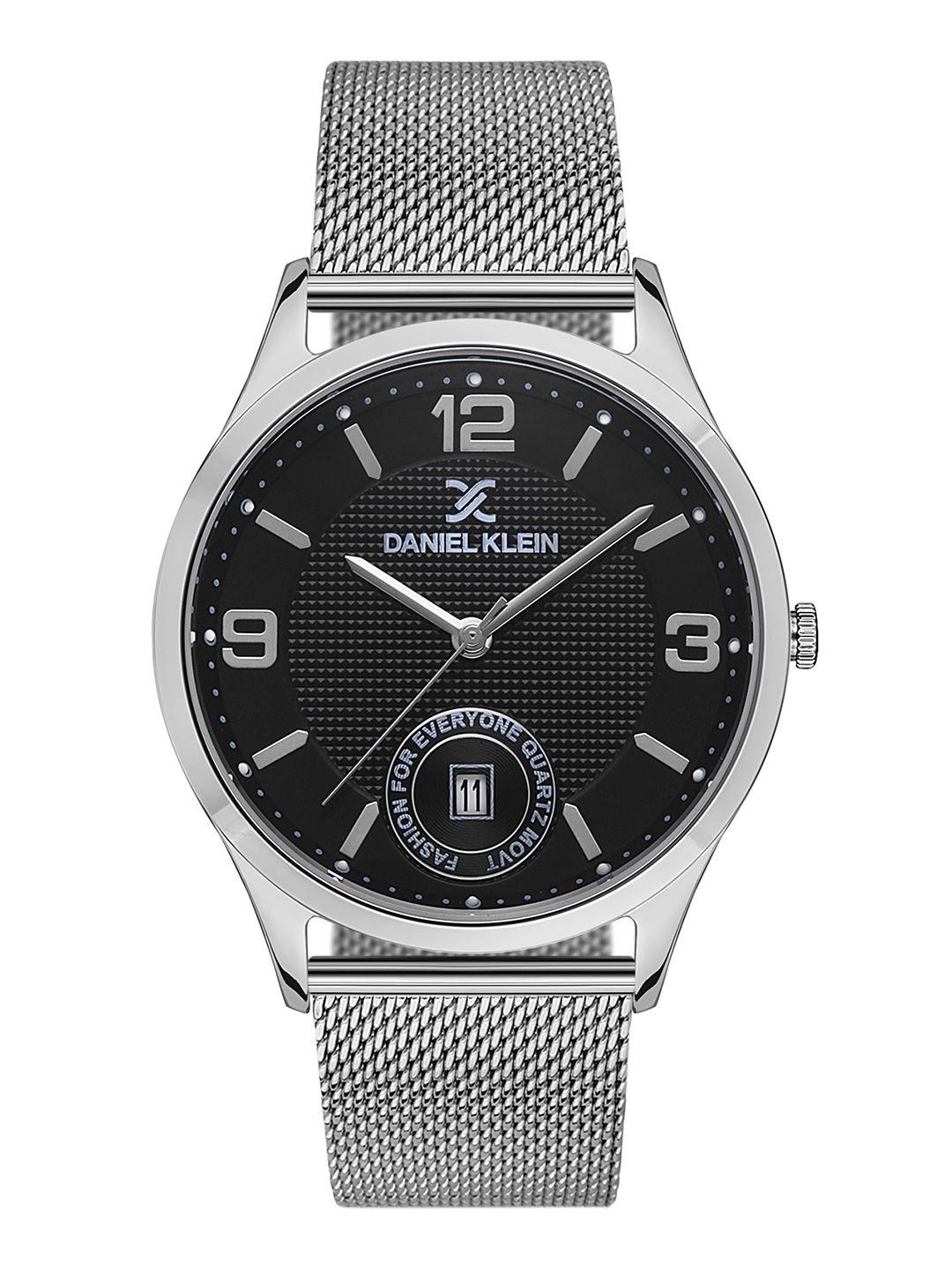 daniel klein unisex black dial & silver toned bracelet style straps analogue watch