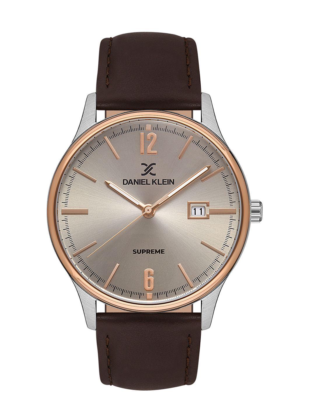 daniel klein unisex grey dial & brown leather straps analogue watch