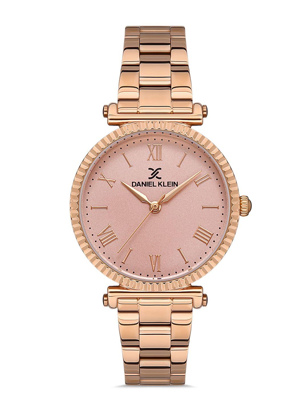 daniel klein unisex pink dial & rose gold toned bracelet style straps analogue watch