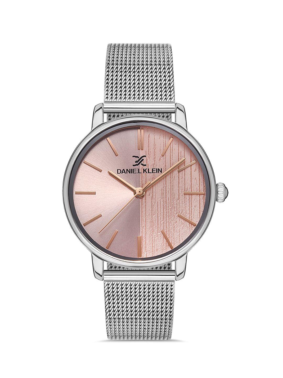 daniel klein unisex pink dial & silver toned  straps analogue watch dk.1.13236-6