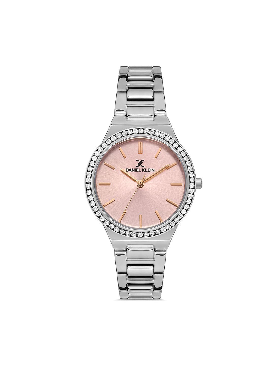 daniel klein unisex pink embellished dial & silver toned bracelet style straps analogue watch