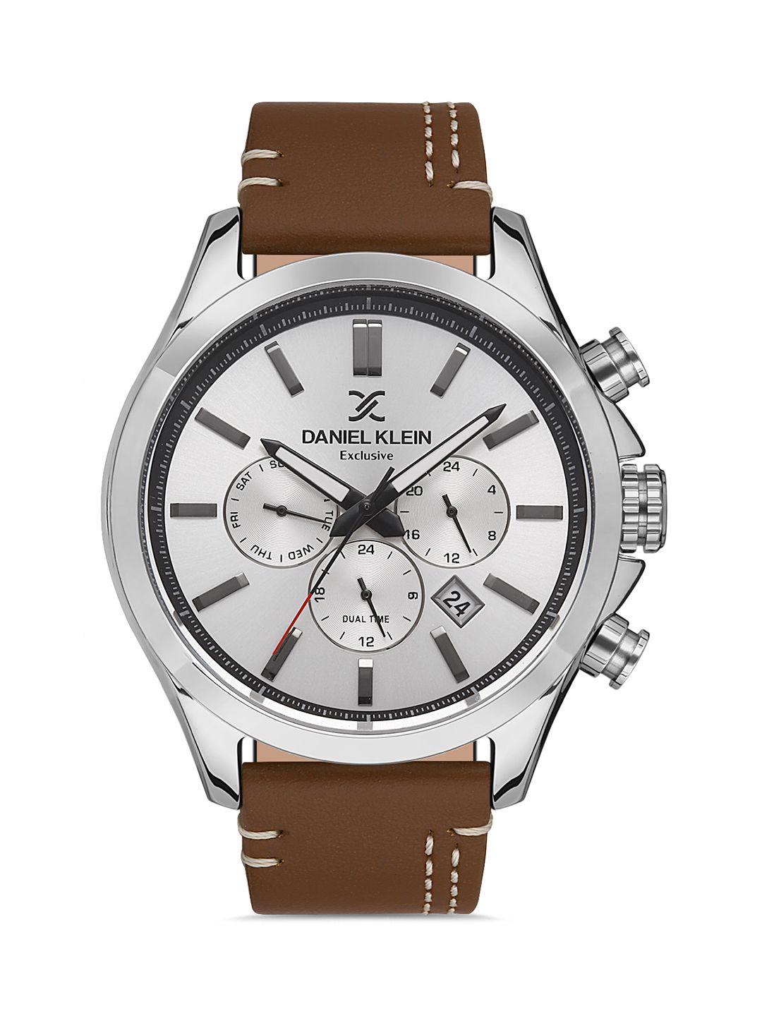 daniel klein unisex silver-toned dial & brown leather straps analogue watch dk 1 13293-3_or