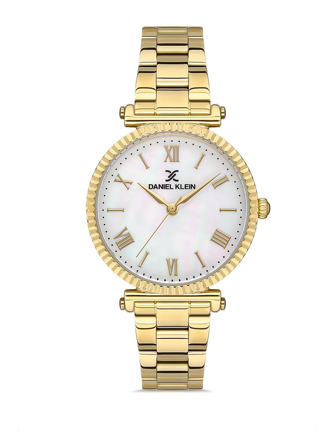 daniel klein unisex white mother of pearl dial & gold straps analogue watch dk.1.13210-4