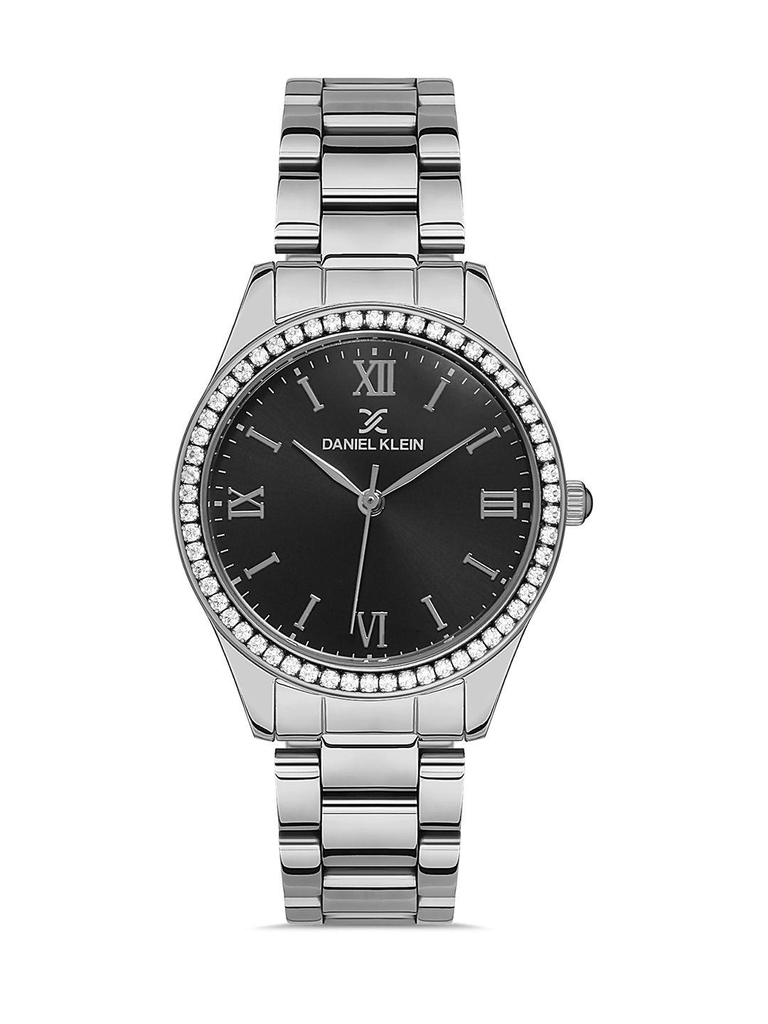 daniel klein women black embellished dial & silver straps analogue watch dk.1.13257-2_or