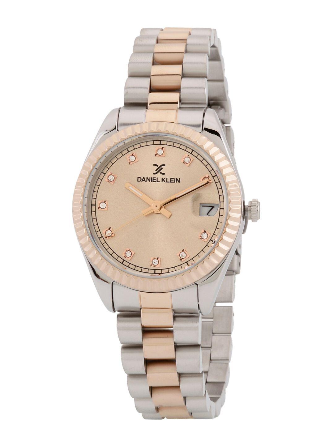 daniel klein women grey embellished dial & rose gold toned stainless steel bracelet style straps analogue watch