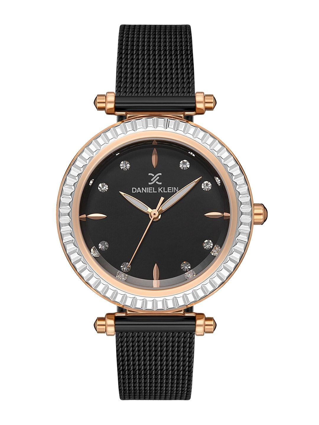 daniel klein women pink embellished dial & black bracelet style straps analogue watch dk 1 13185-5