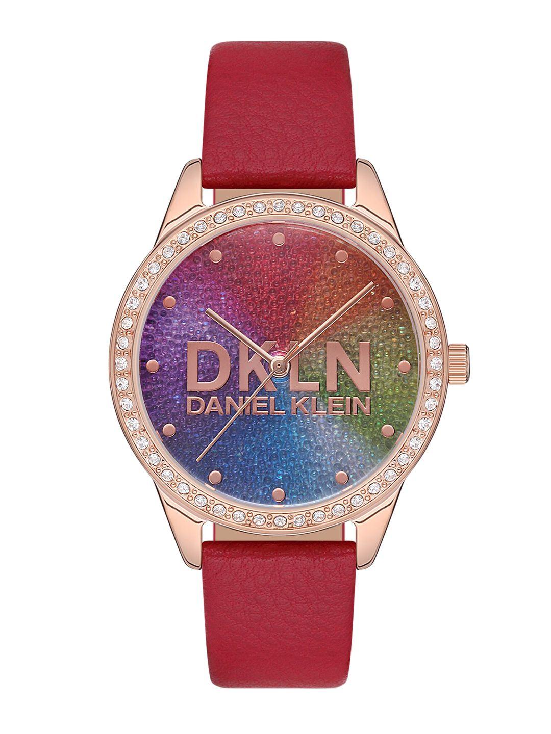 daniel klein women red printed dial & red leather straps analogue watch dk.1.12562-2