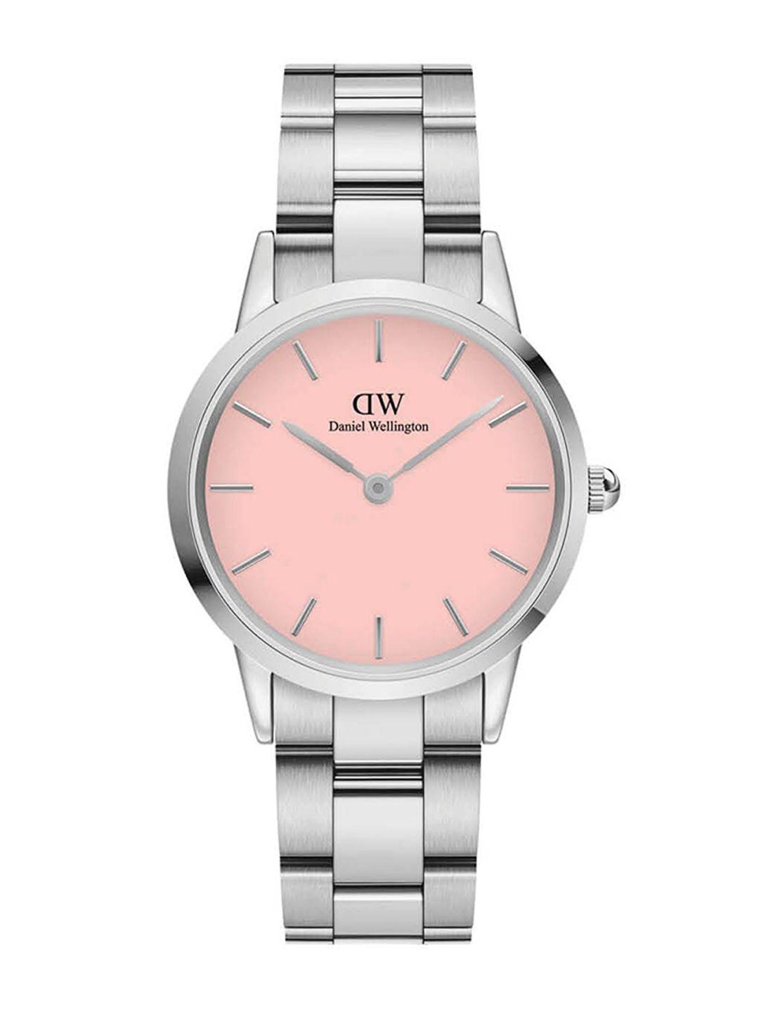 daniel wellington women pink dial & silver toned stainless steel  analogue watch