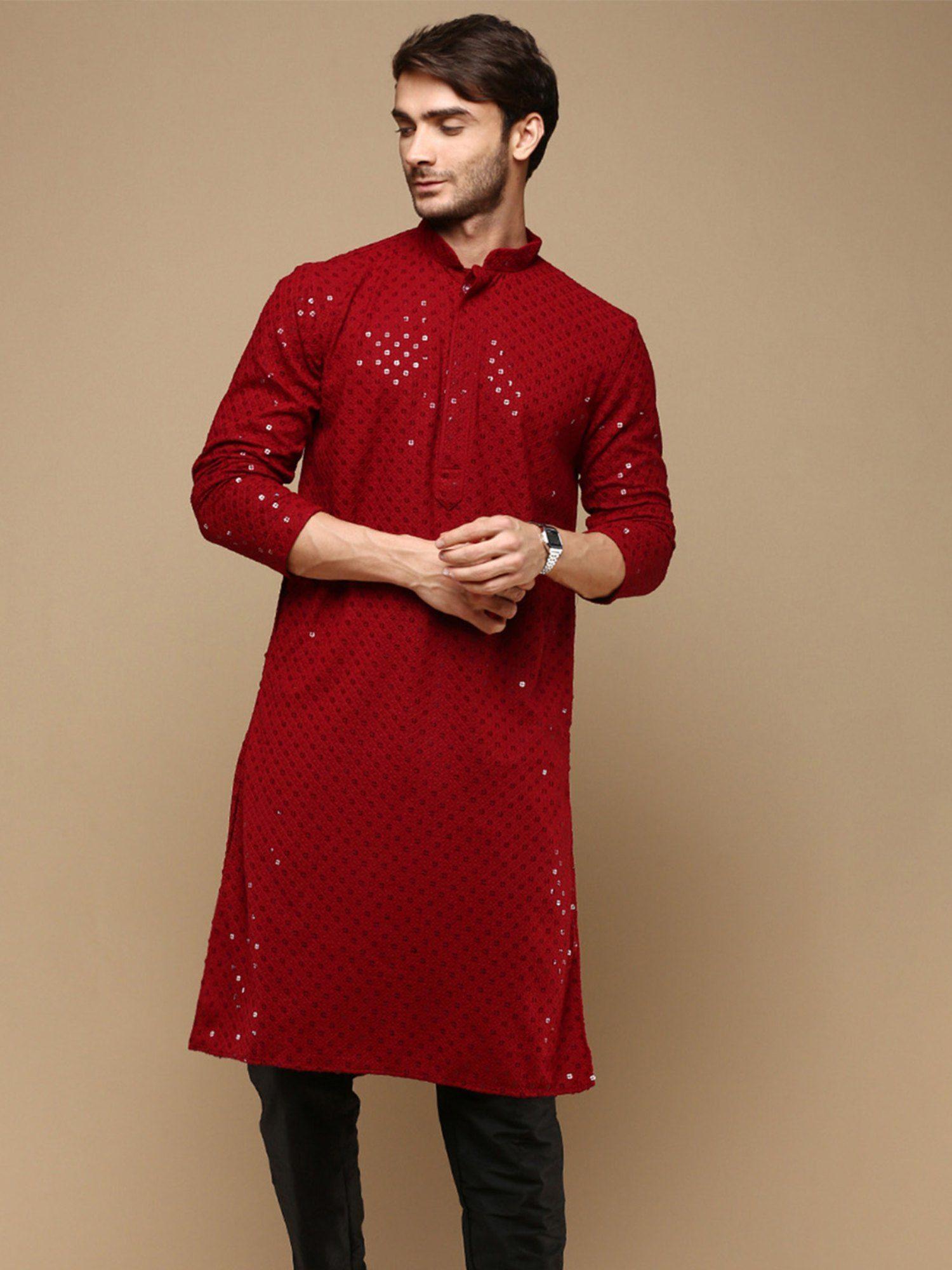 dapper dazzling mens maroon chikankari with sequins party wear cotton kurta