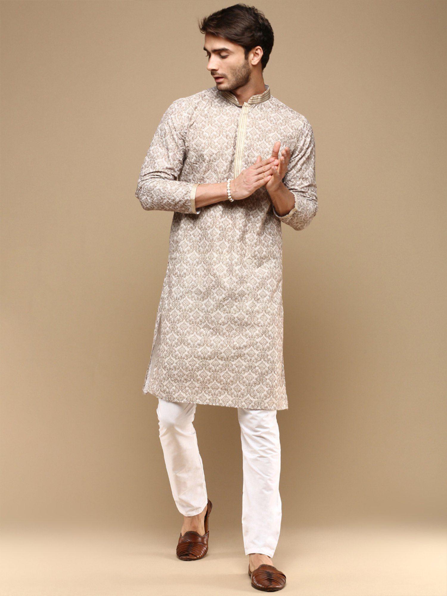 dapper dazzling fawn chikankari party cotton kurta with churidar pyjama (set of 2)