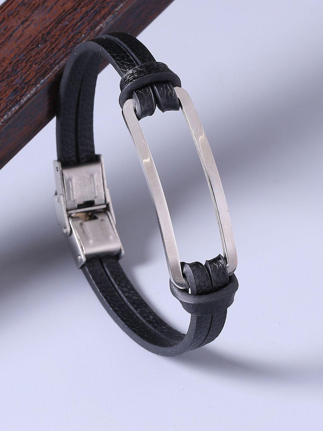 dare by voylla men black & silver-plated leather handcrafted wraparound bracelet