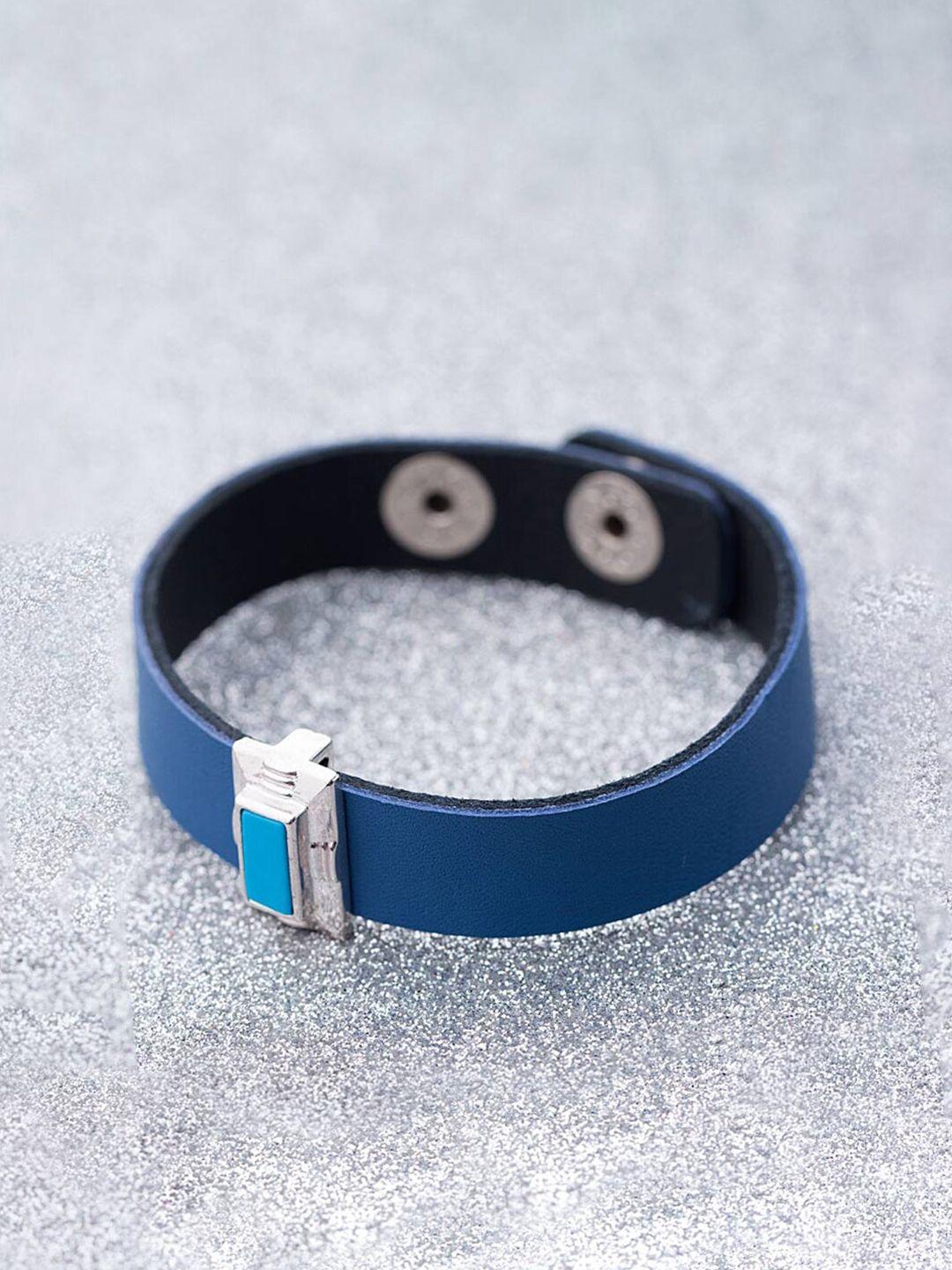dare by voylla men blue leather silver-plated wraparound bracelet