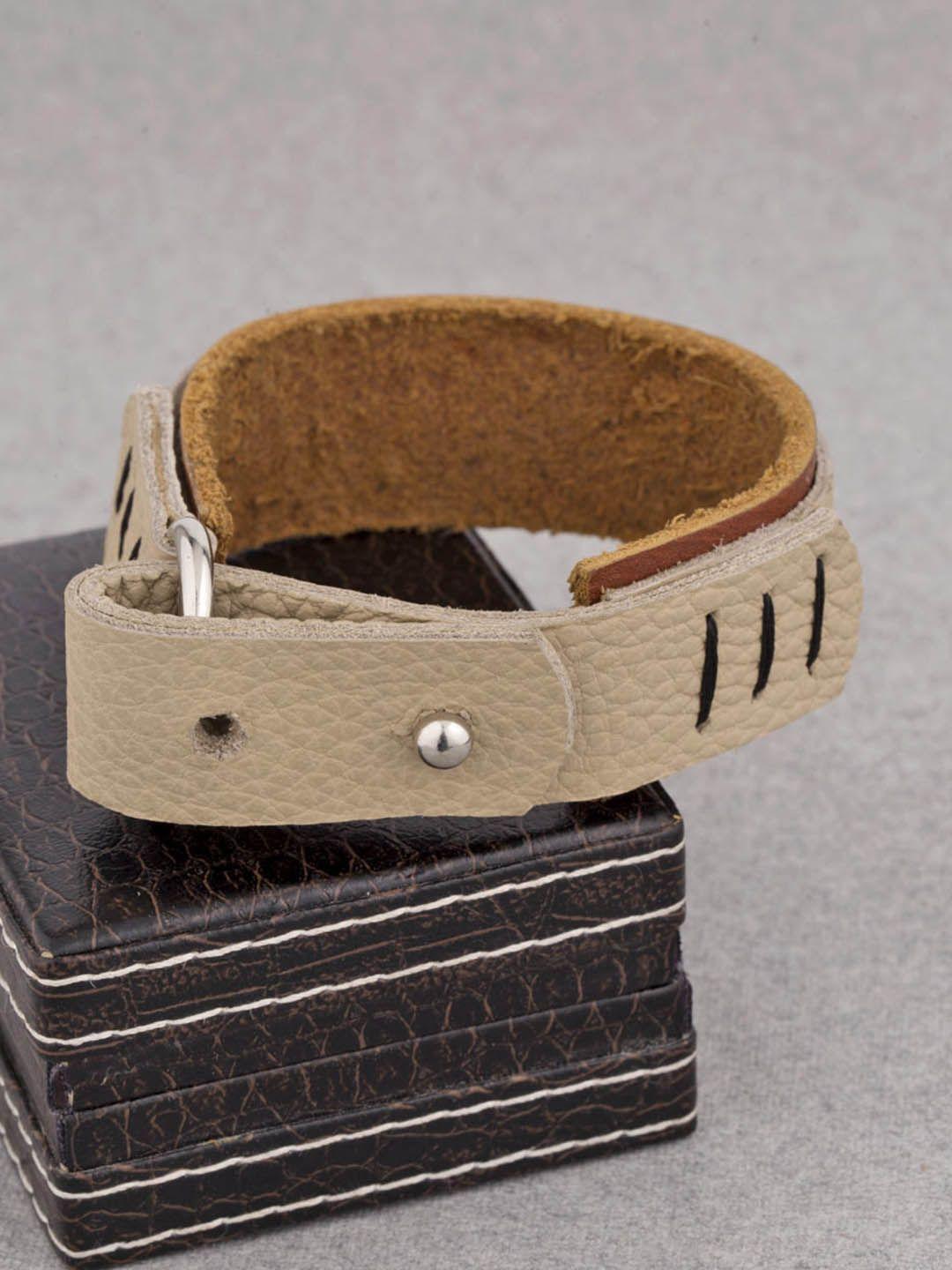 dare by voylla men beige & brown leather silver-plated wraparound bracelet