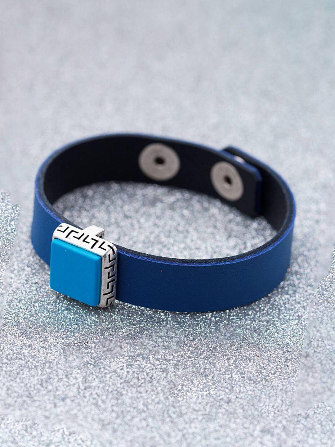 dare by voylla men silver-plated & blue leather wraparound bracelet