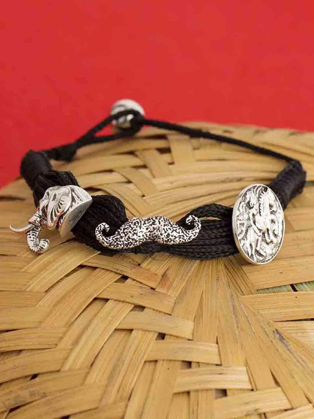 dare by voylla men silver-toned & black fabric rhodium-plated antique charm bracelet