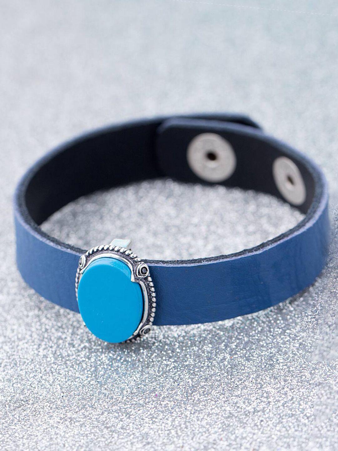 dare by voylla men silver-toned & blue leather silver-plated handcrafted wraparound bracelet
