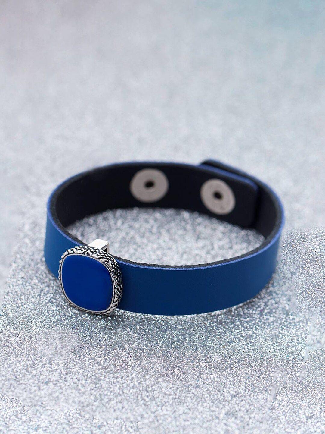 dare by voylla men silver-toned & blue leather wraparound bracelet