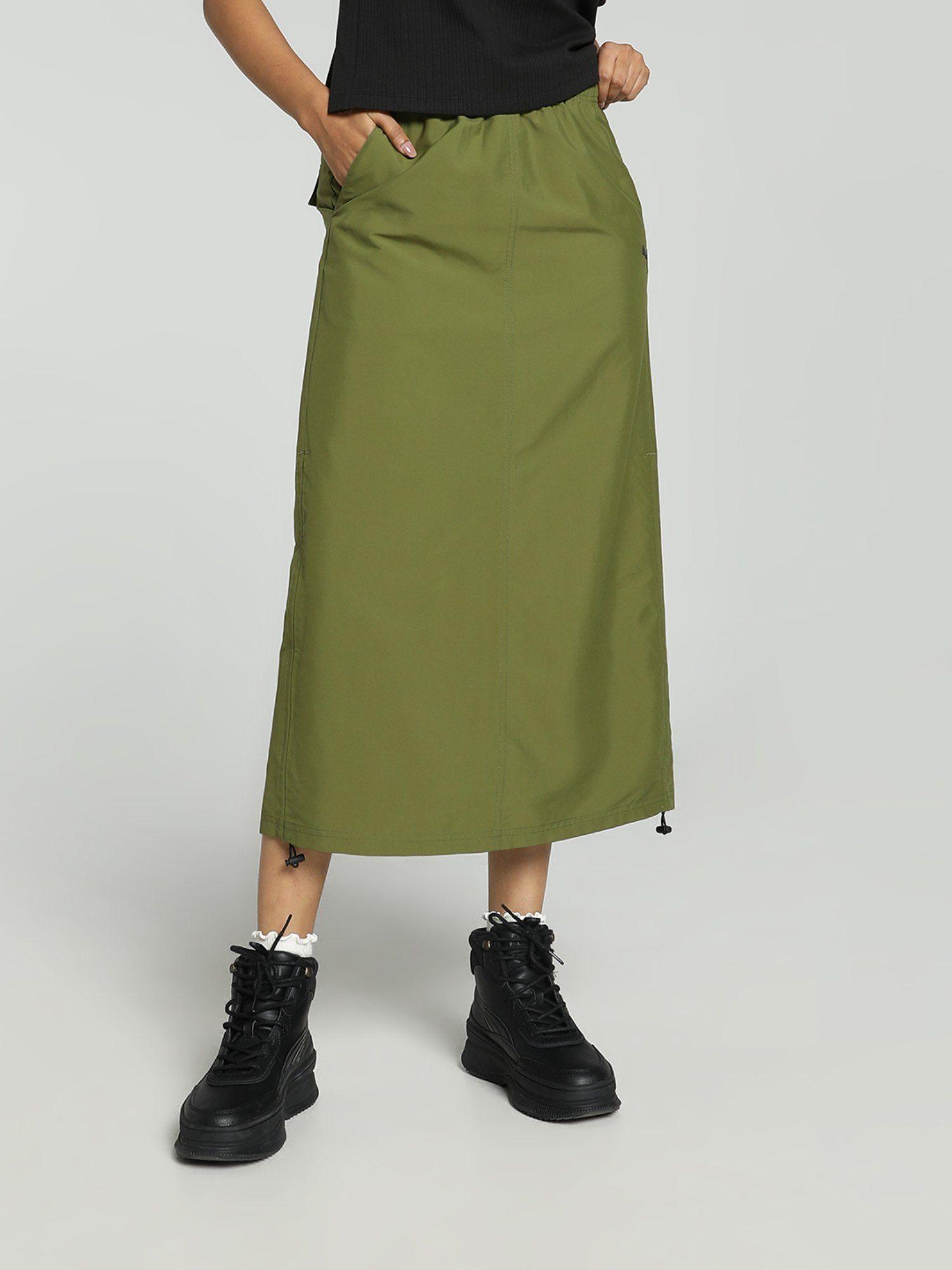 dare to midi woven women green midi skirt