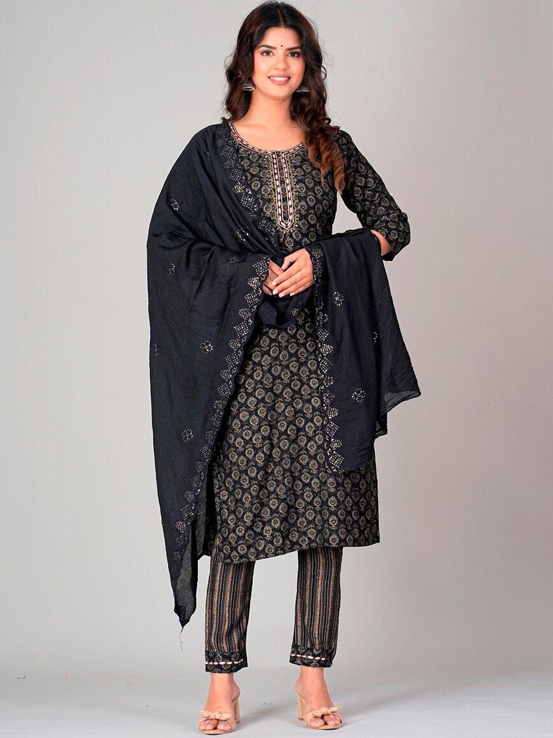 darian women ethnic motifs printed regular thread work kurta with trousers & with dupatta