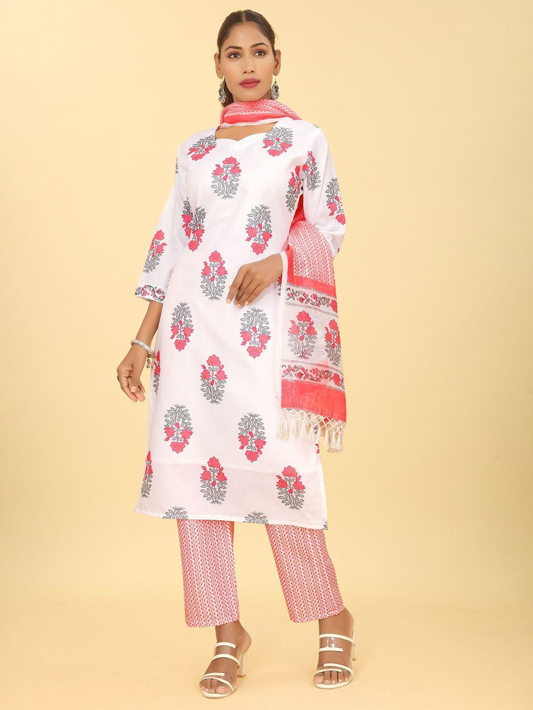 darian women white floral printed regular kurti with trousers & with dupatta