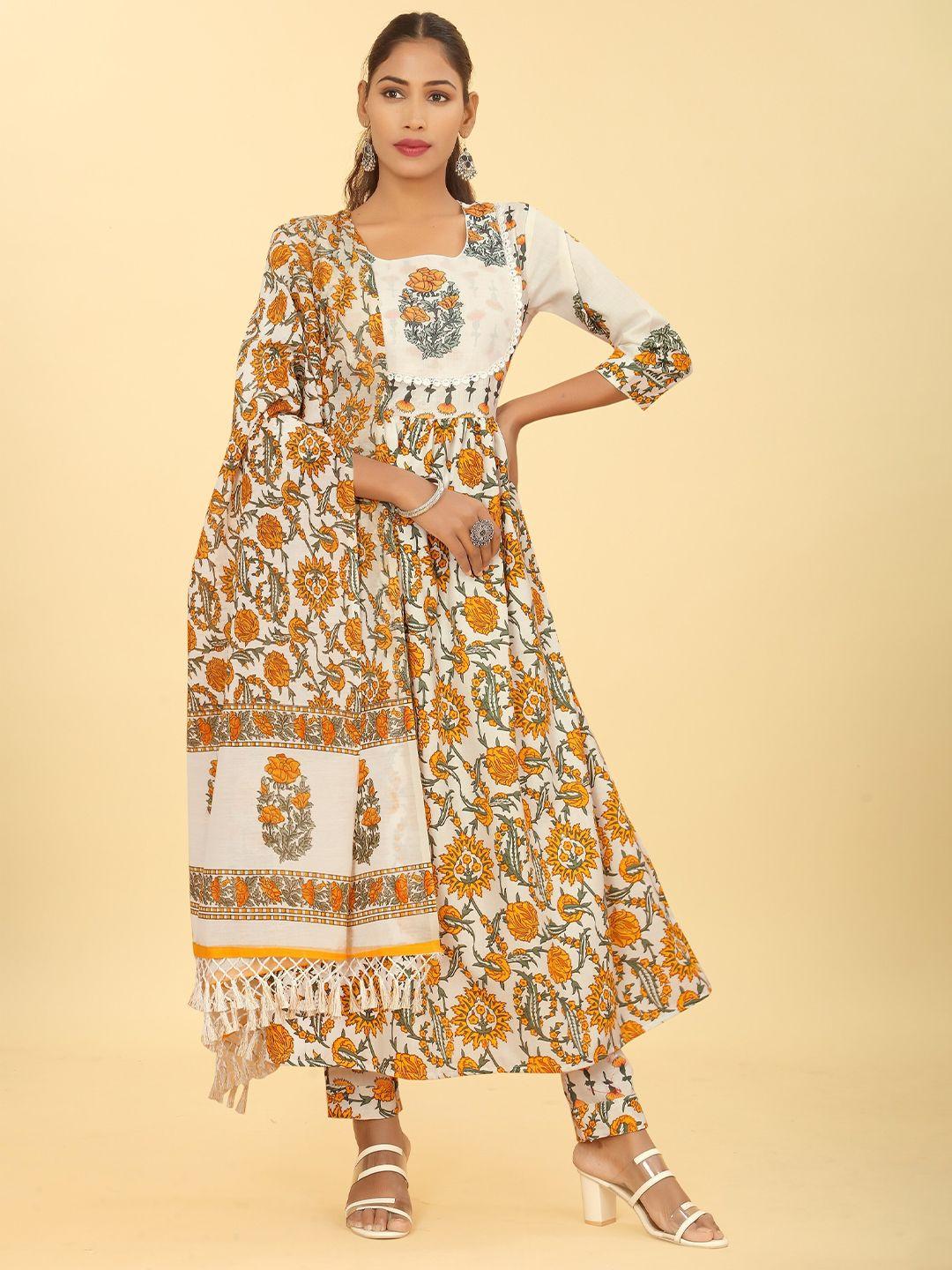 darian women yellow floral printed regular patchwork kurta with trousers & with dupatta