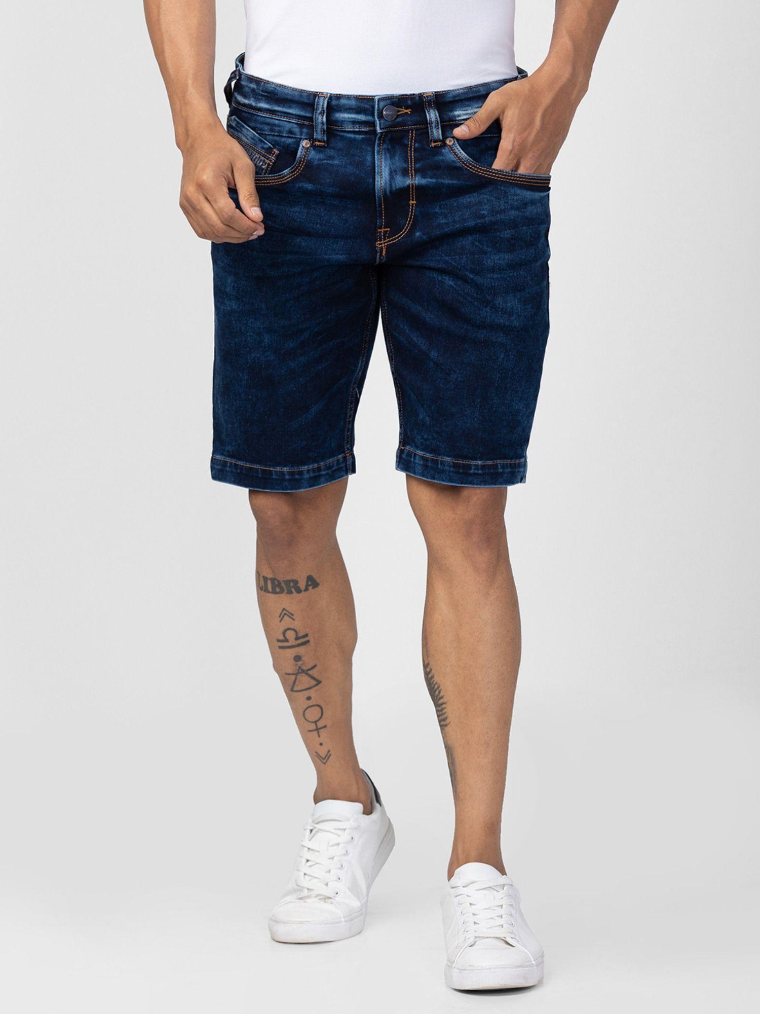 dark blue cotton blend shorts for men