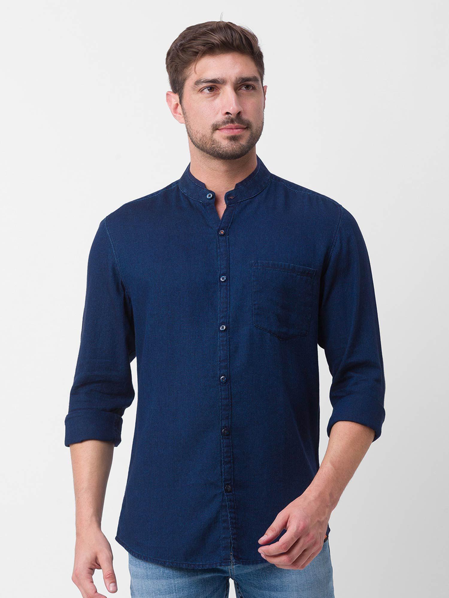 dark blue cotton full sleeve denim shirt for men