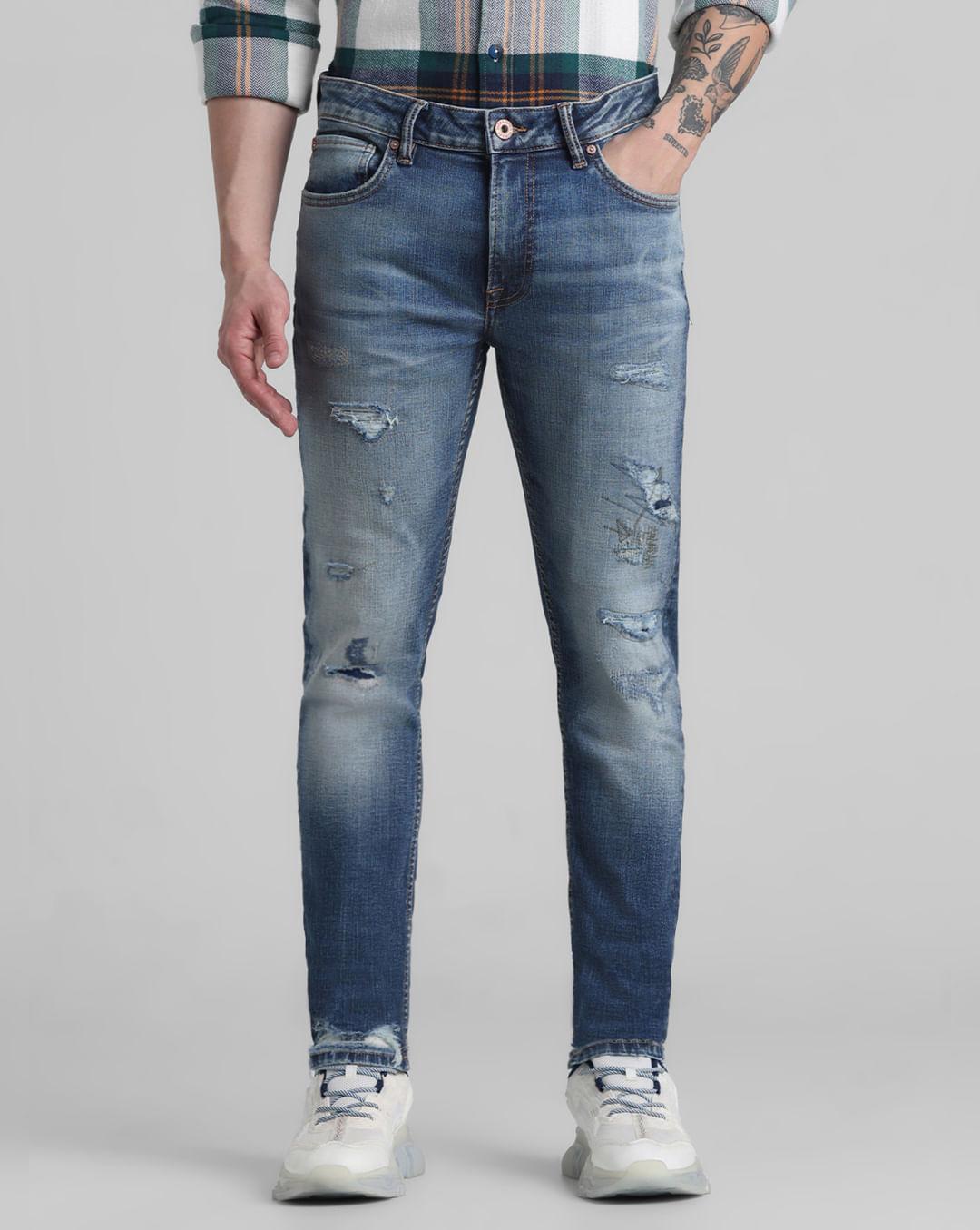 dark blue low rise distressed ben skinny jeans